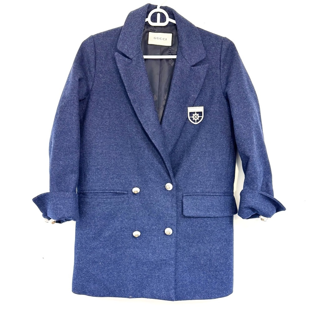 Gucci Double Breasted 3/4 Sleeve Navy Blazer with Brooch and Pearl Buttons